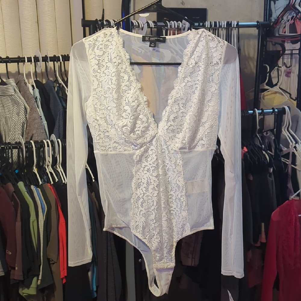 INC International Concepts Sheer White Lace Bodysuit